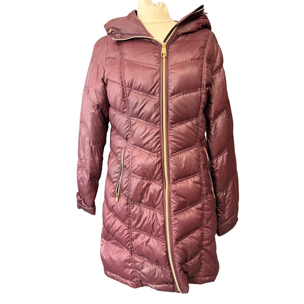 Calvin Klein Womens Packable Premium Down Long Puffer Coat Burgundy Plum M